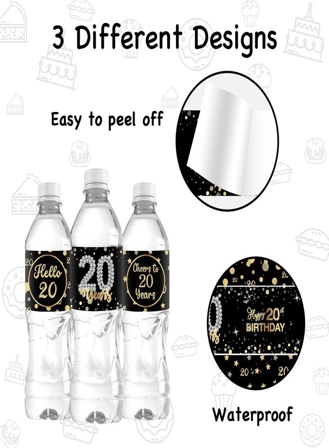 WIDEIDEAL 33Pcs Happy 20th Birthday Water Bottle Labels Cheers to 20 Years Stickers for 20th Birthday Anniversary Party Decorations Labels Sign Black - Image 3